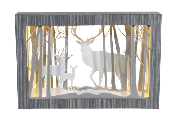 LED Diorama Holz- Bild mit Hirsch-Design - L: 45cm H: 30cm - 20 LED Lämpchen