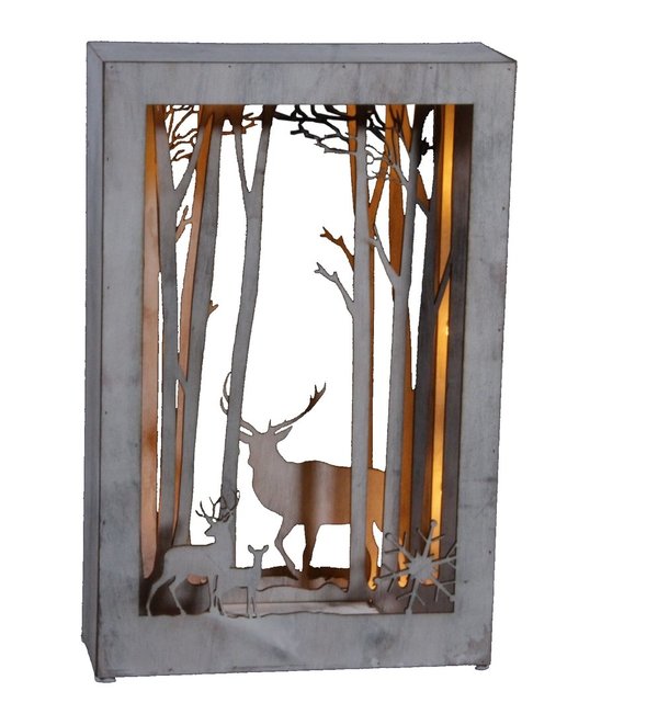 LED Diorama Holz- Bild mit Hirsch-Design - B: 24 H: 37cm - 10 LED Lämpchen