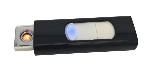 Schwarzes Feuerzeug mit Glühspirale und USB Anschluss zum Aufladen
