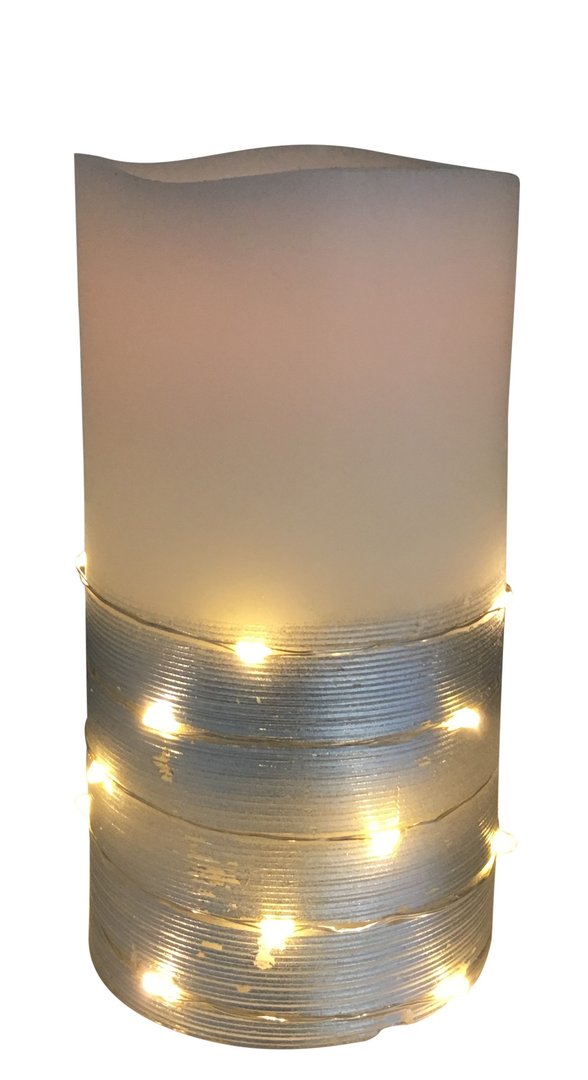 LED Kerze weiss/silber Echtwachs H: 15cm D:7.5cm