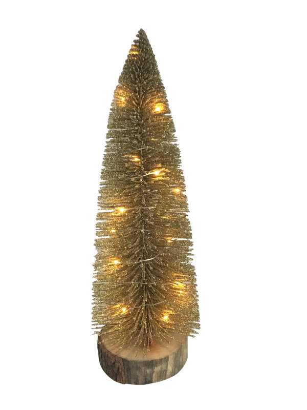 LED Tannenbaum Gold auf Holzsockel H:40cm D: 14cm mit 20 Tautropfen LED - batteriebetrieben