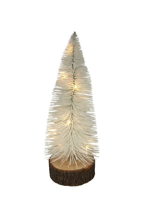 LED Tannenbaum Weiss auf Holzsockel H:28cm D: 11cm Mit 10 Tautropfen LED- batteriebetrieben