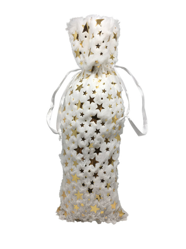 Weinflaschen-Beutel aus Plüsch weiss mit gold Sternen -13x38cm