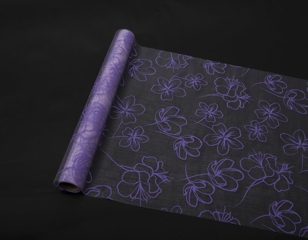 Dekostoff "Organza" - violett mit Blumendruck